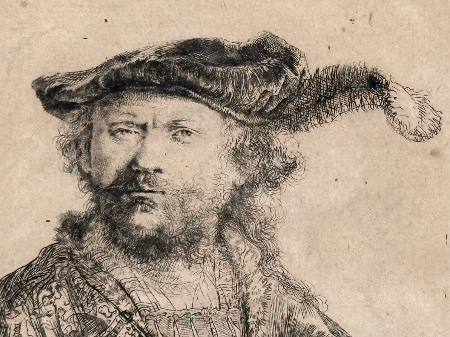 Self Portrait in a Velvet Cap with Plume c1638; REMBRANDT