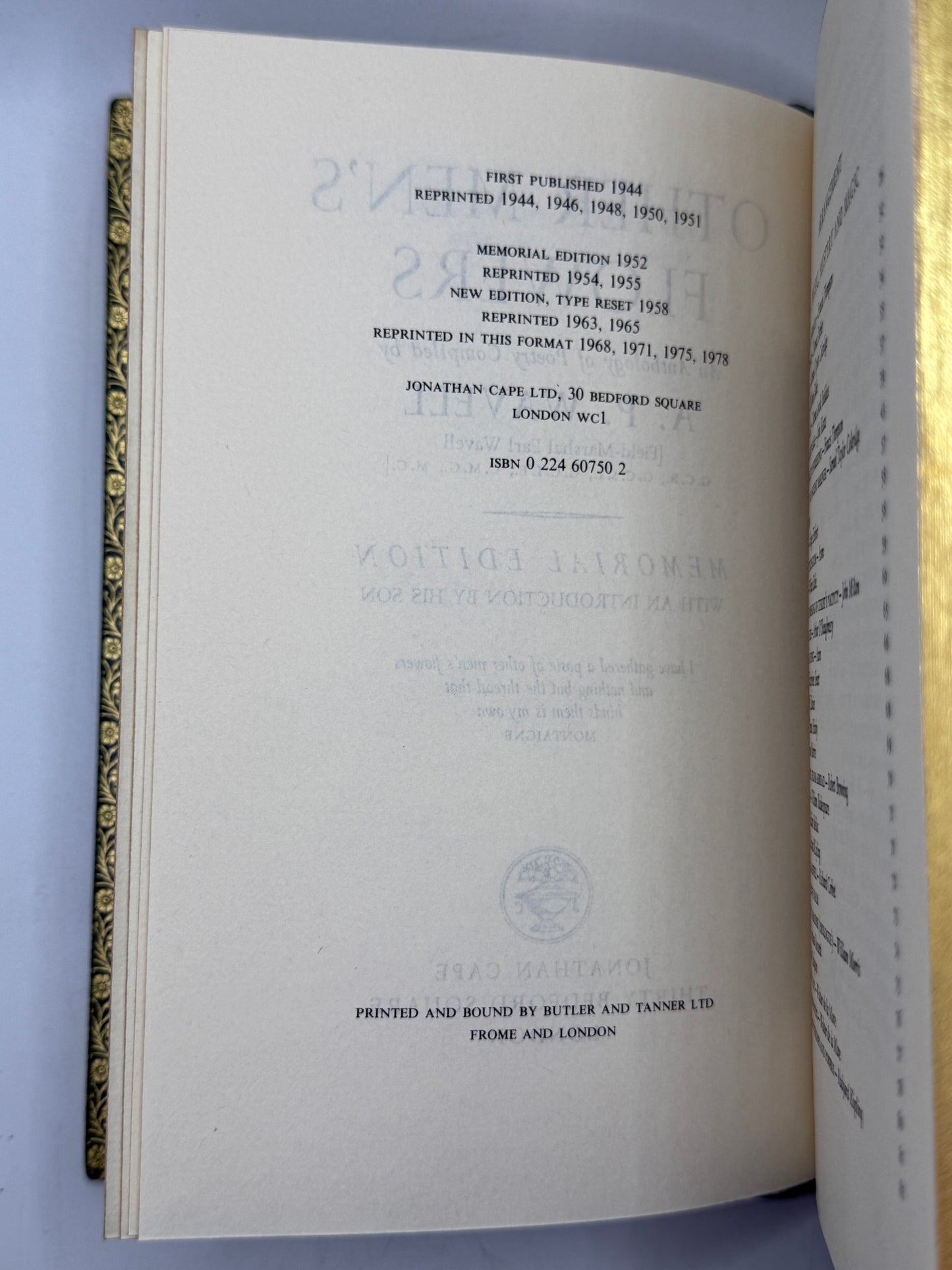 Other Men's Flowers, Poetry Compiled by A. P. Wavell 1978