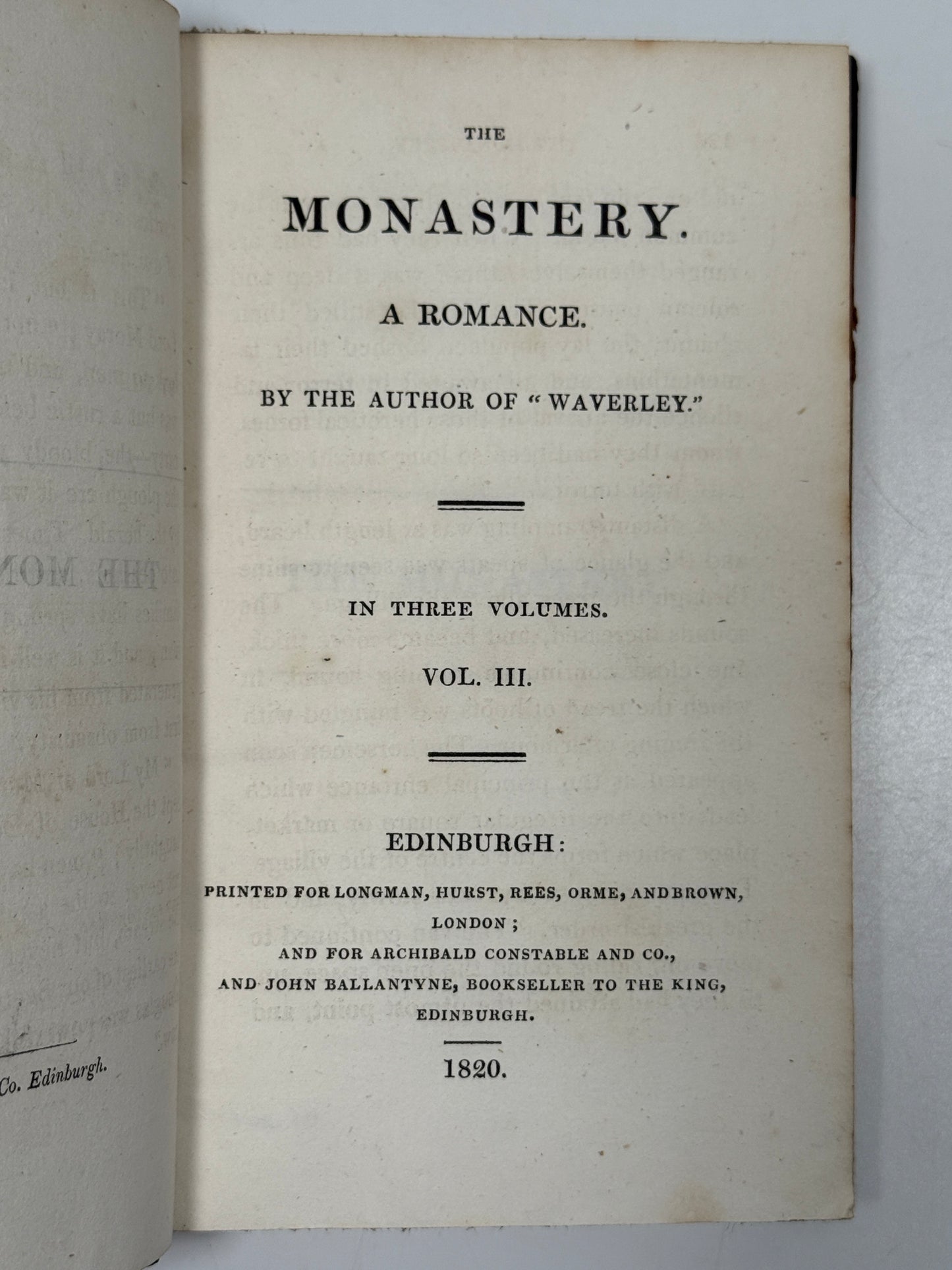 The Monastery, a Romance by Walter Scott 1820 First Edition