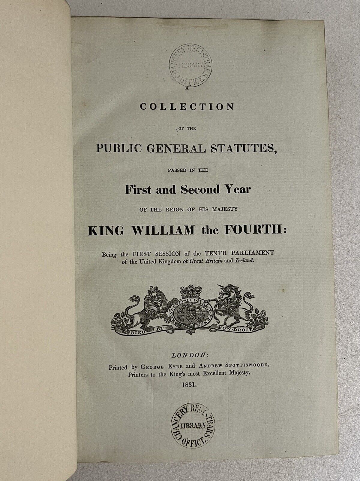 A Collection of the Public General Statutes 1831 Royal Binding, UK Chancery Copy