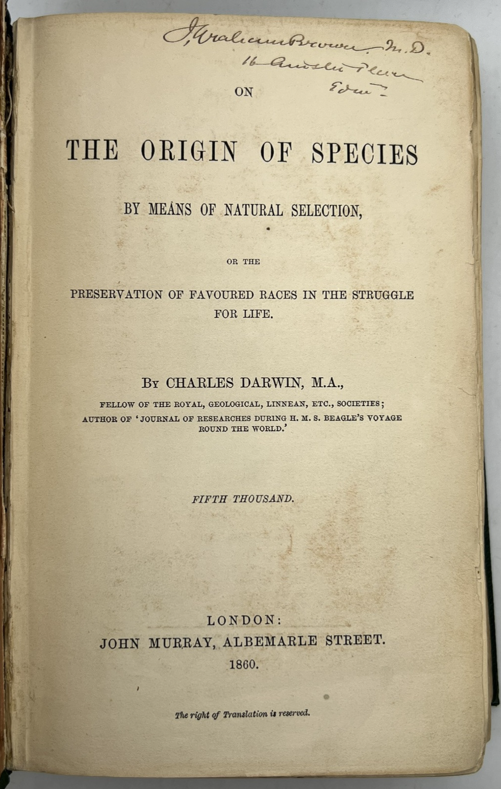 The Origin of Species by Charles Darwin 1860 Second Edition in Original Cloth