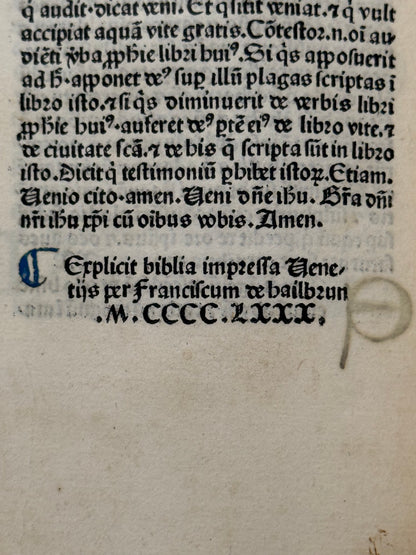 1480 Biblia Latina: Incunable Bible Franciscus Renner Imprint