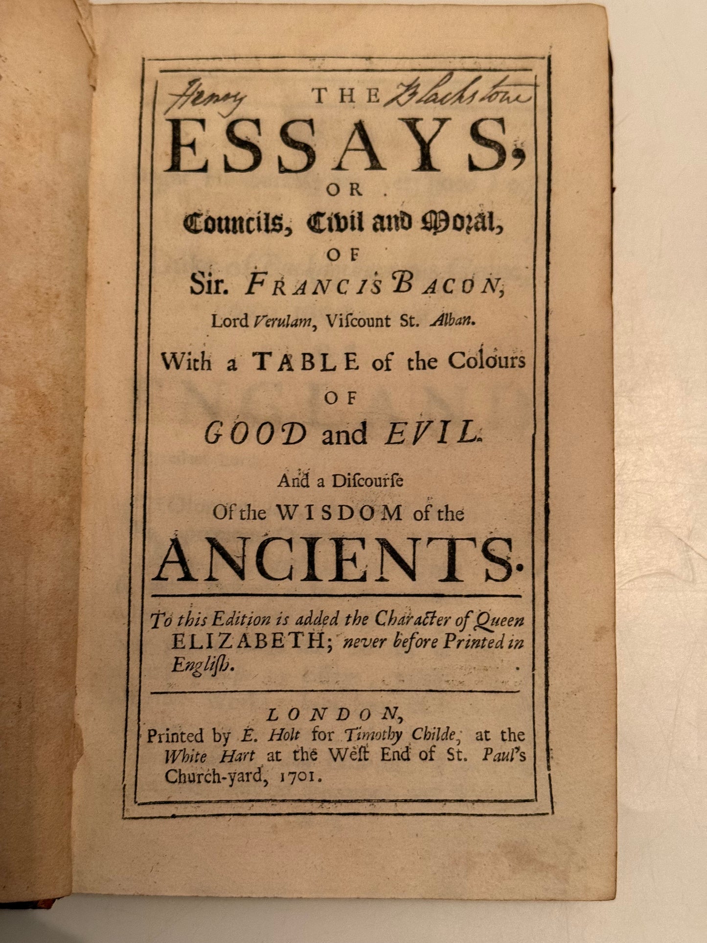 The Essays of Francis Bacon 1701