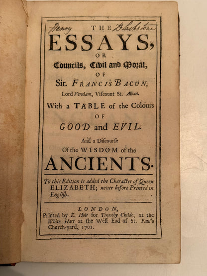 The Essays of Francis Bacon 1701
