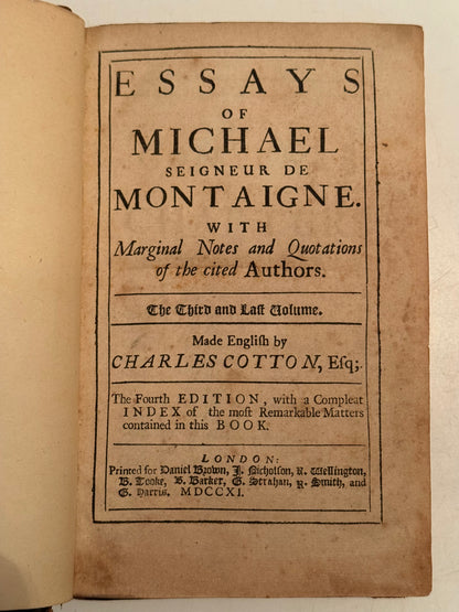 The Essays of Michel de Montaigne 1686-1711 First Edition