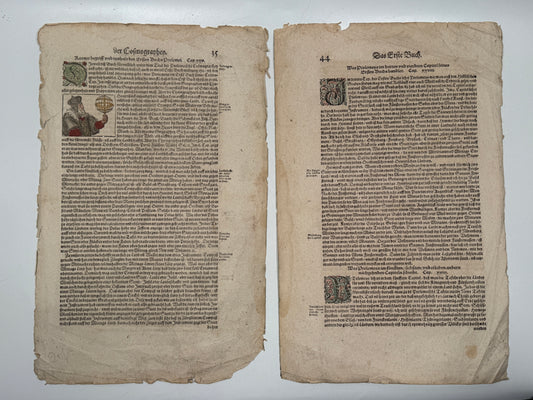 Munster's Cosmographia c.1600 Two Leaves on Cosmology/Astronomy with a Ptolemy Portrait