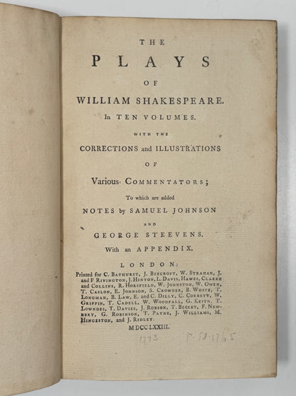 The Plays of William Shakespeare 1773 Samuel Johnson Edition