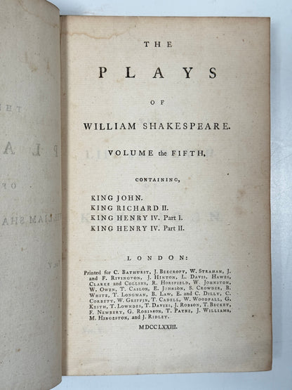 The Plays of William Shakespeare 1773 Samuel Johnson Edition