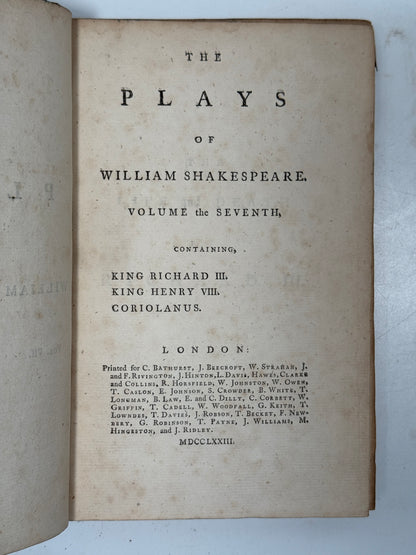 The Plays of William Shakespeare 1773 Samuel Johnson Edition