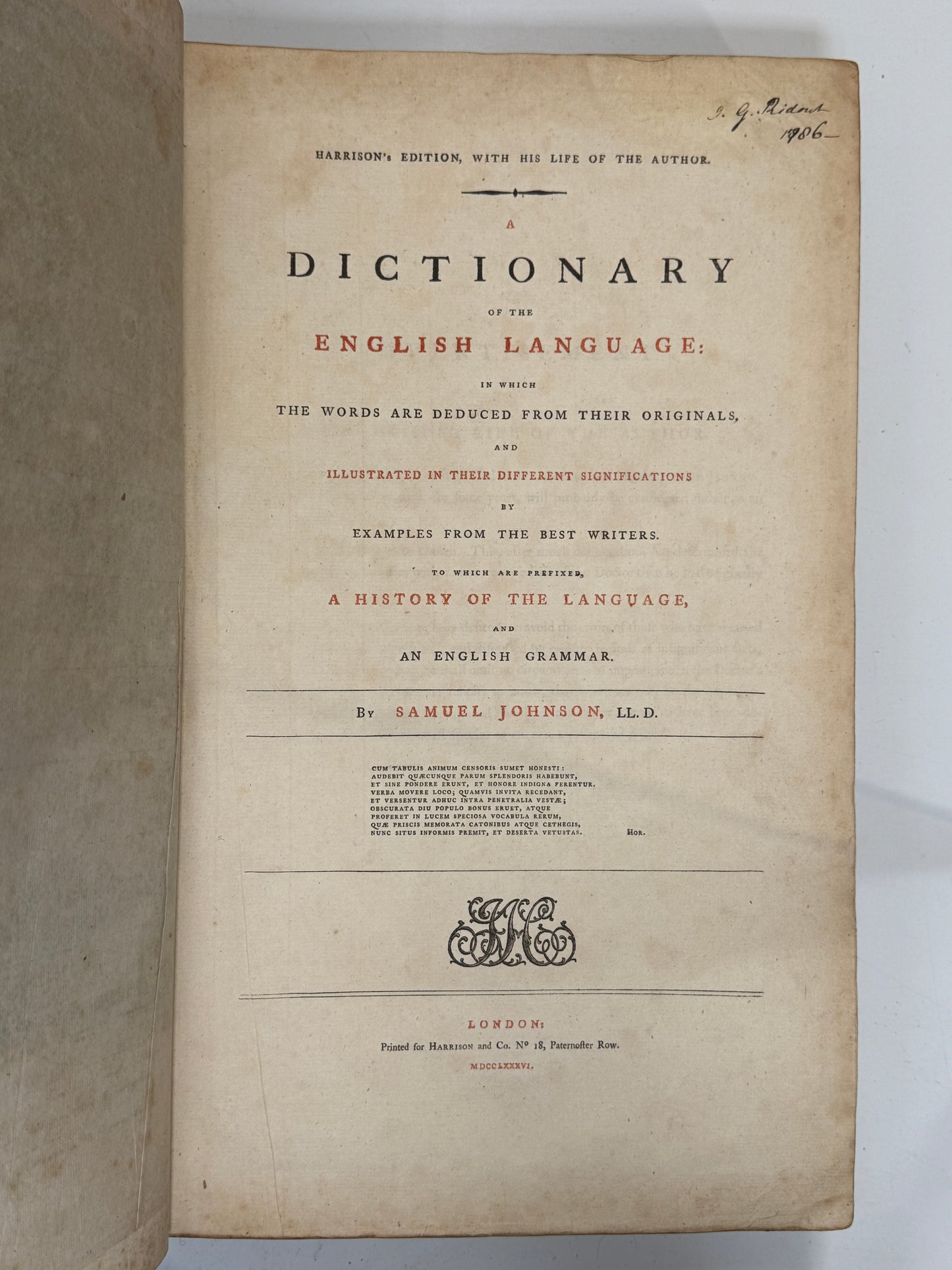 Samuel Johnson's Dictionary of the English Language 1786 Harrison Ed.