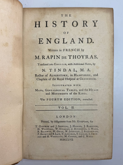 Rapin's History of England 1757 in Contemporary Bindings, 21 Volumes, Tindal Edition