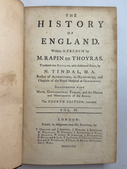 Rapin's History of England 1757 in Contemporary Bindings, 21 Volumes, Tindal Edition