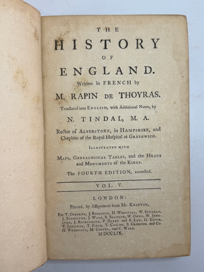 Rapin's History of England 1757 in Contemporary Bindings, 21 Volumes, Tindal Edition