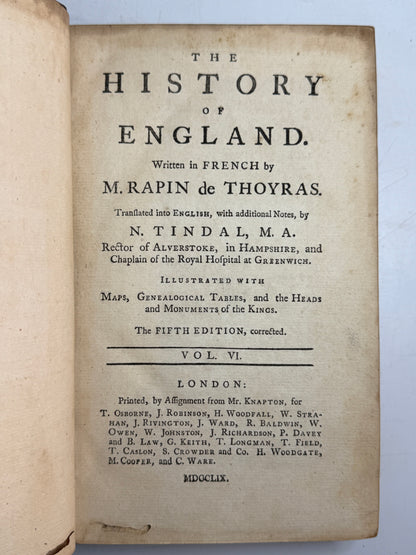 Rapin's History of England 1757 in Contemporary Bindings, 21 Volumes, Tindal Edition