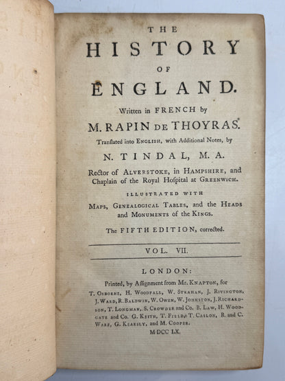 Rapin's History of England 1757 in Contemporary Bindings, 21 Volumes, Tindal Edition