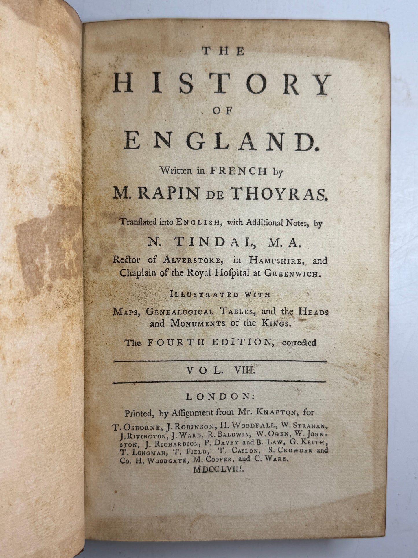 Rapin's History of England 1757 in Contemporary Bindings, 21 Volumes, Tindal Edition
