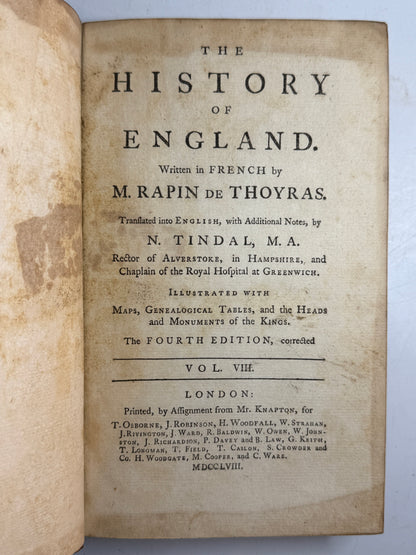 Rapin's History of England 1757 in Contemporary Bindings, 21 Volumes, Tindal Edition