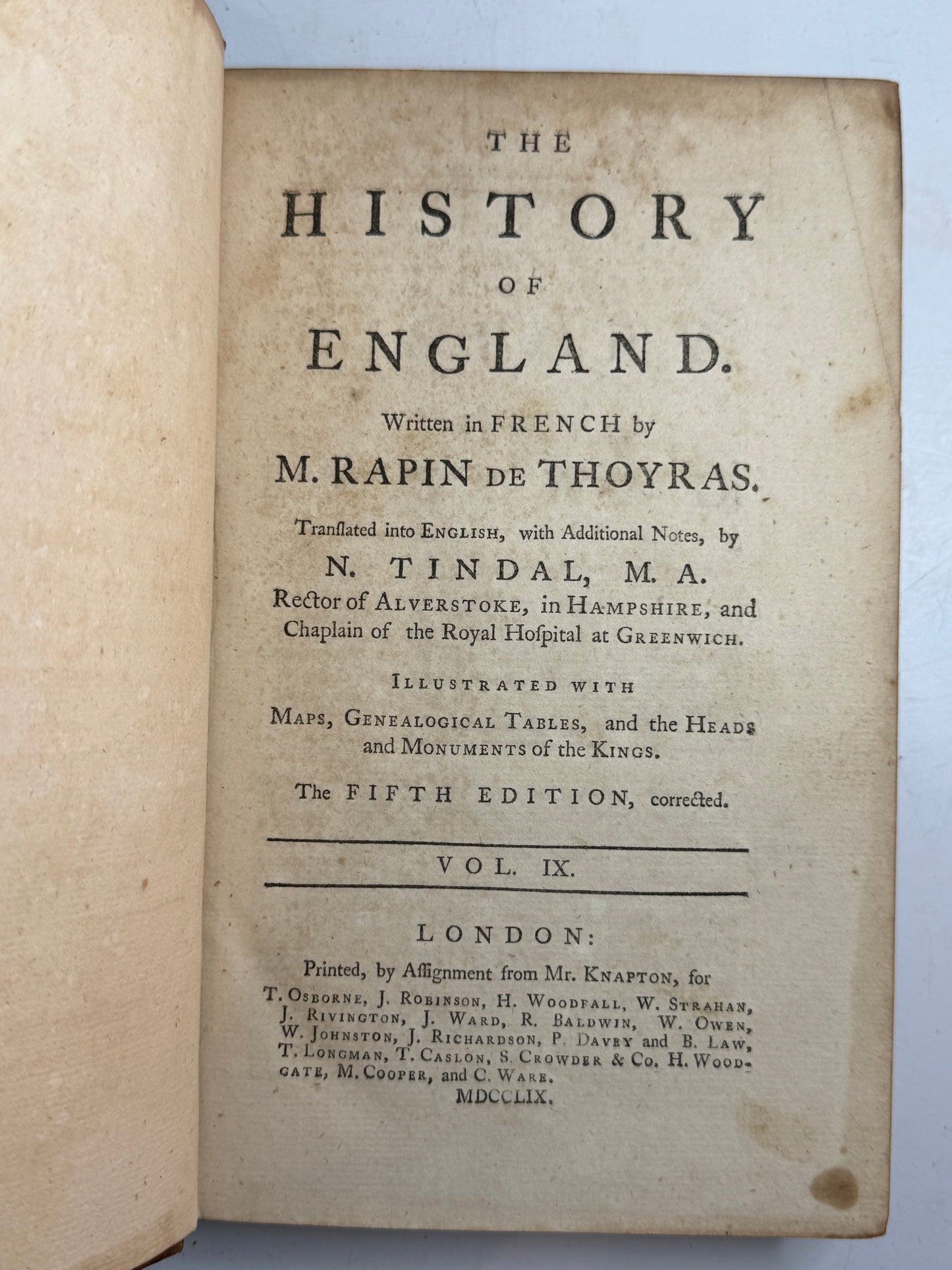 Rapin's History of England 1757 in Contemporary Bindings, 21 Volumes, Tindal Edition