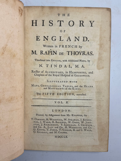 Rapin's History of England 1757 in Contemporary Bindings, 21 Volumes, Tindal Edition
