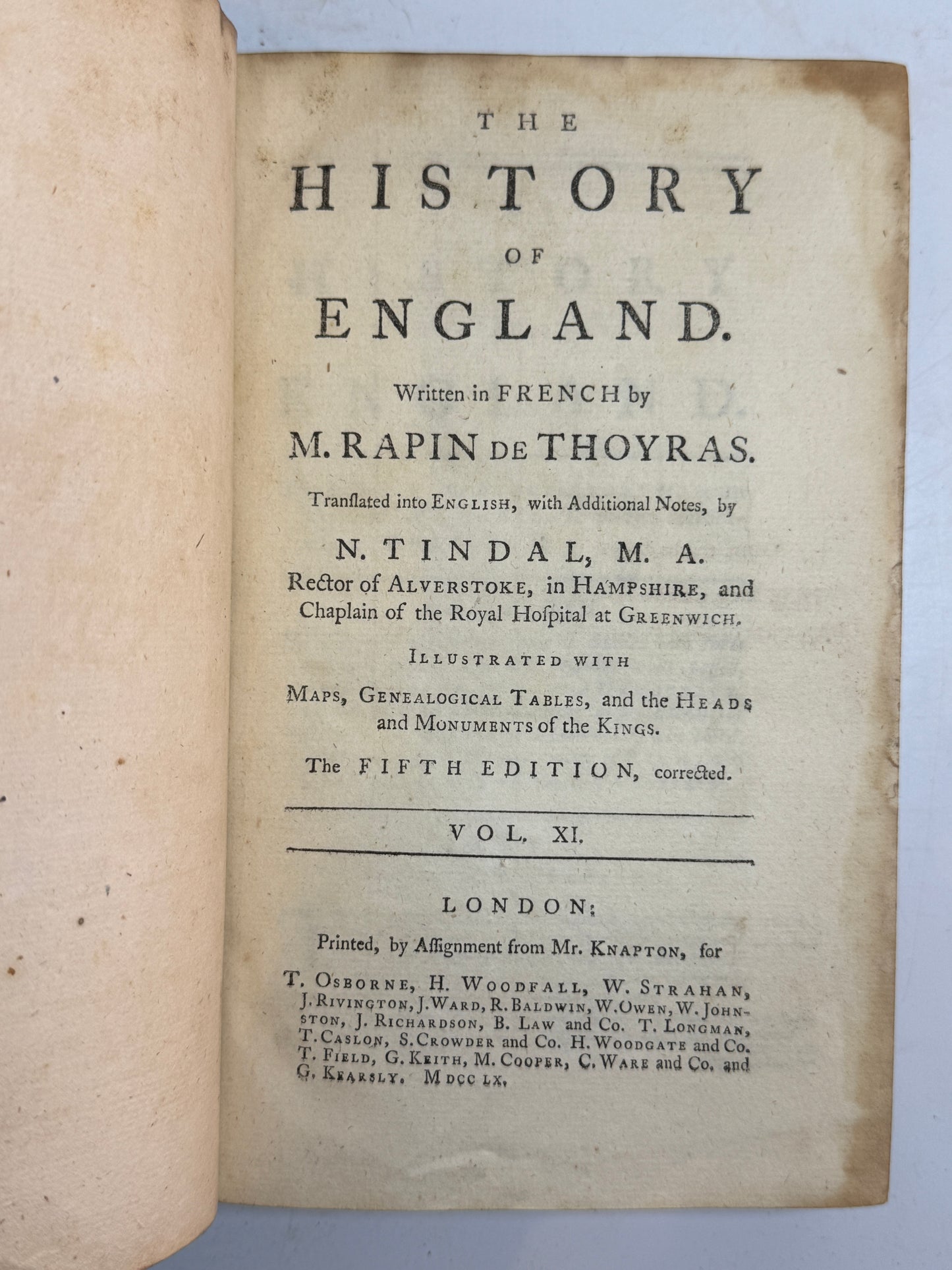 Rapin's History of England 1757 in Contemporary Bindings, 21 Volumes, Tindal Edition