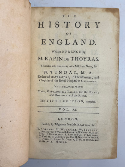 Rapin's History of England 1757 in Contemporary Bindings, 21 Volumes, Tindal Edition