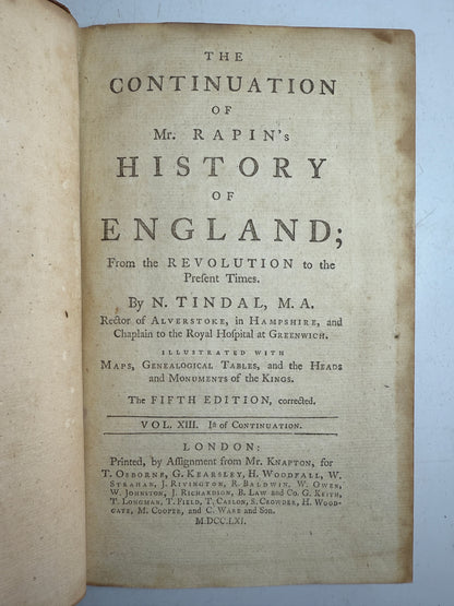 Rapin's History of England 1757 in Contemporary Bindings, 21 Volumes, Tindal Edition