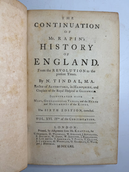 Rapin's History of England 1757 in Contemporary Bindings, 21 Volumes, Tindal Edition