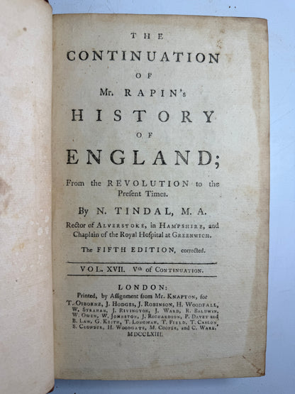Rapin's History of England 1757 in Contemporary Bindings, 21 Volumes, Tindal Edition