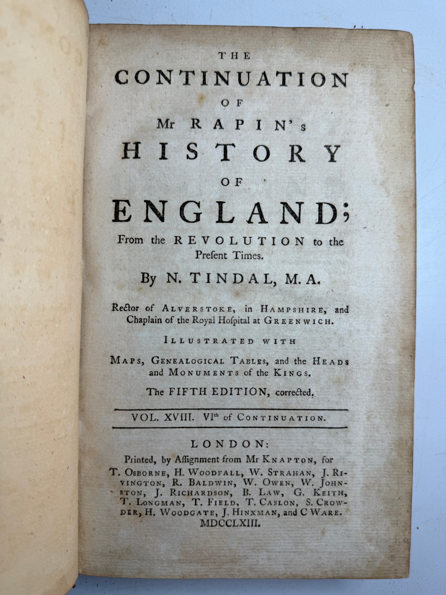 Rapin's History of England 1757 in Contemporary Bindings, 21 Volumes, Tindal Edition