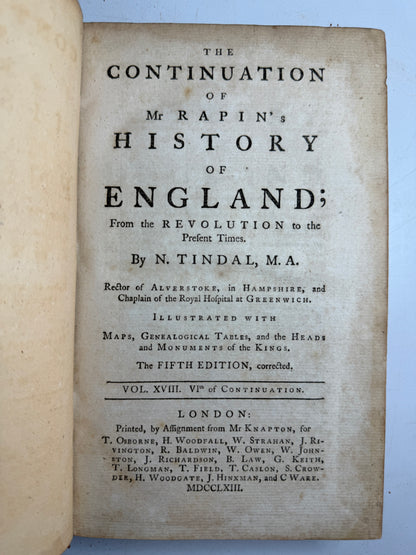 Rapin's History of England 1757 in Contemporary Bindings, 21 Volumes, Tindal Edition