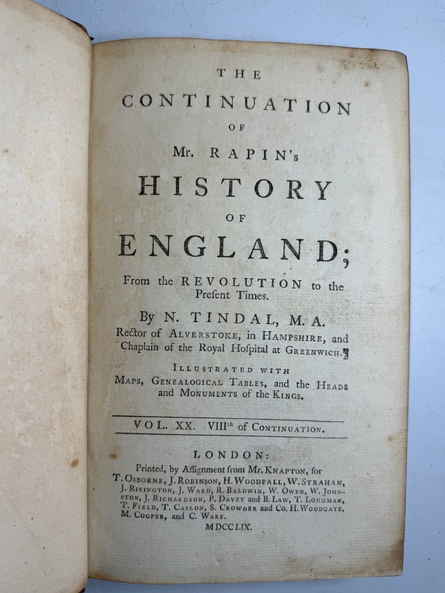 Rapin's History of England 1757 in Contemporary Bindings, 21 Volumes, Tindal Edition