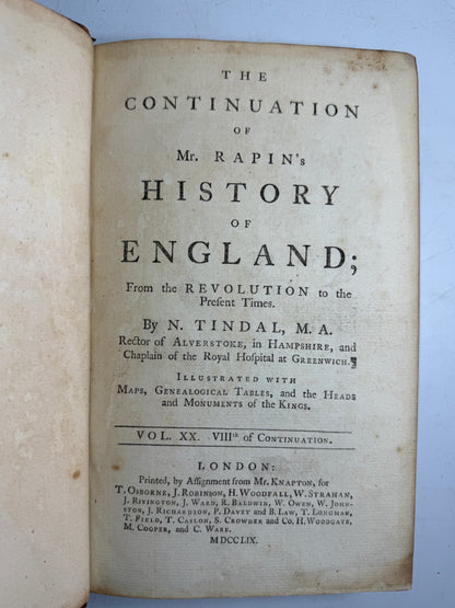 Rapin's History of England 1757 in Contemporary Bindings, 21 Volumes, Tindal Edition