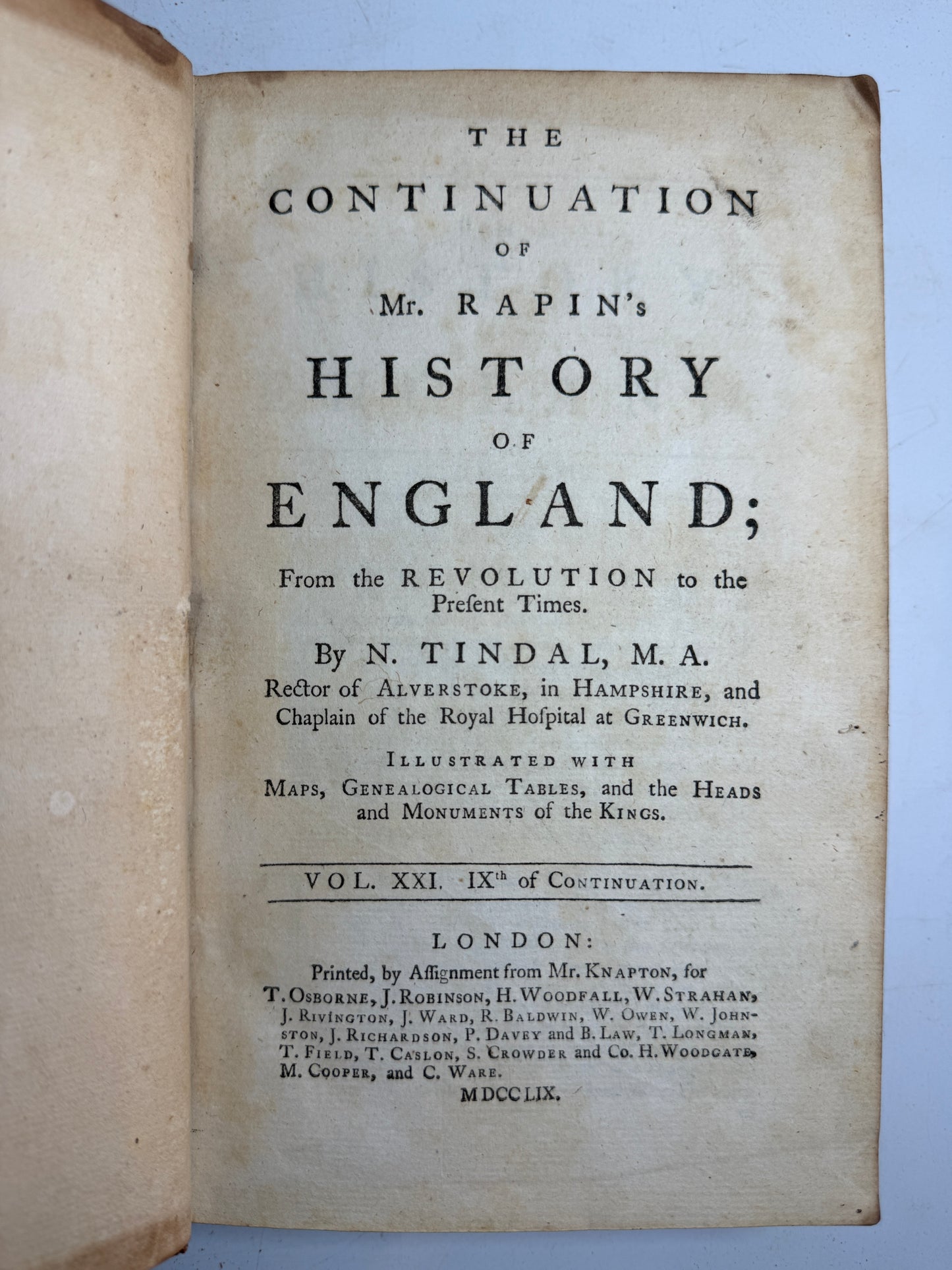 Rapin's History of England 1757 in Contemporary Bindings, 21 Volumes, Tindal Edition