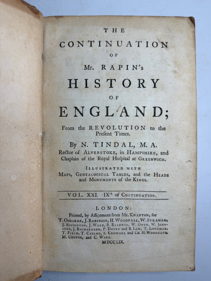 Rapin's History of England 1757 in Contemporary Bindings, 21 Volumes, Tindal Edition