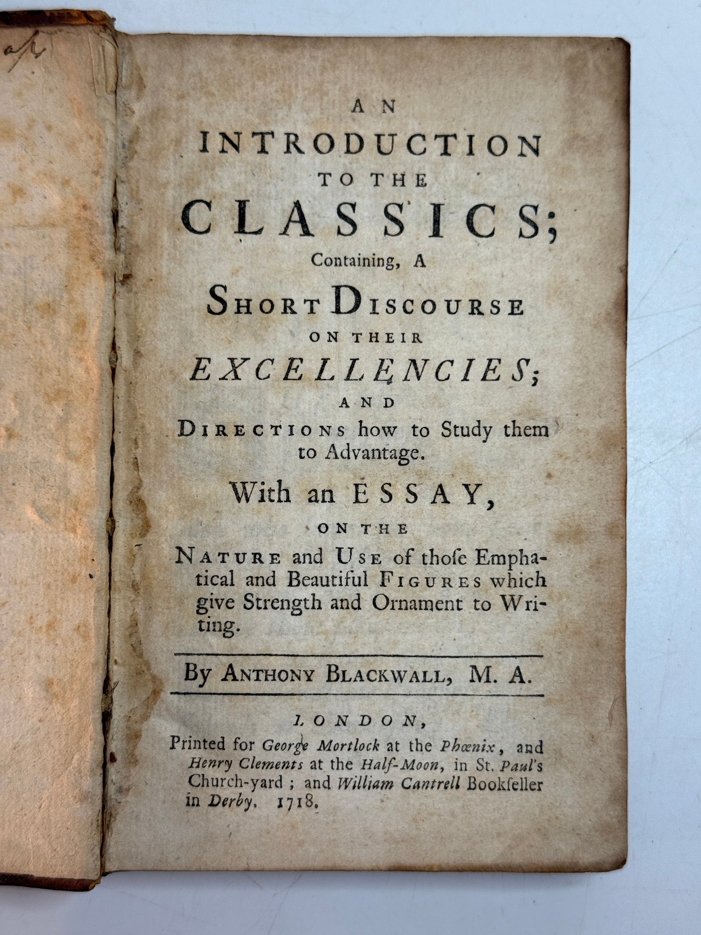 An Introduction to the Classics by Anthony Blackwall 1718 First Edition