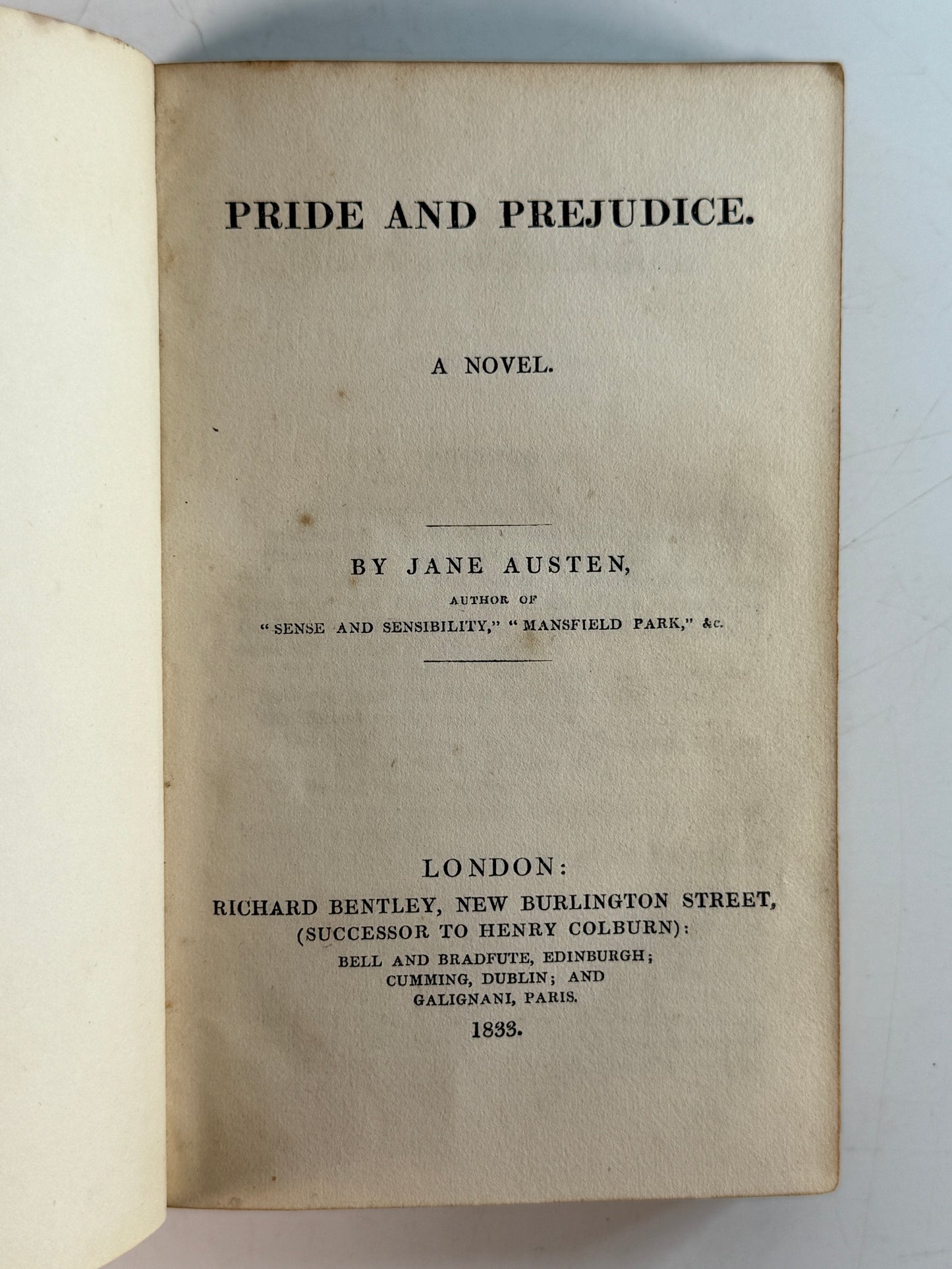 Pride and Prejudice by Jane Austen 1833 First One Volume Edition