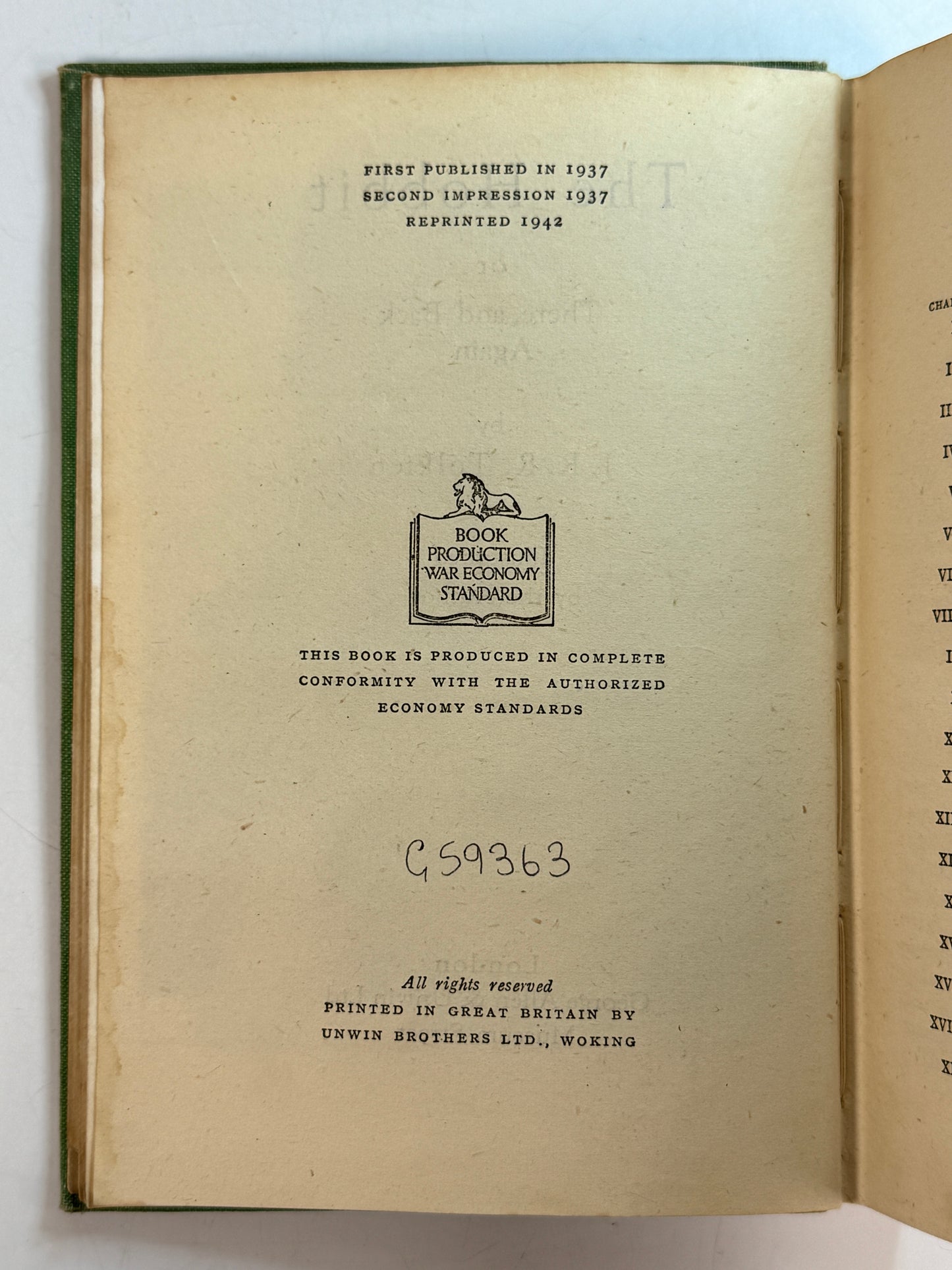 The Hobbit by J.R.R. Tolkien 1942 First Edition Third Impression