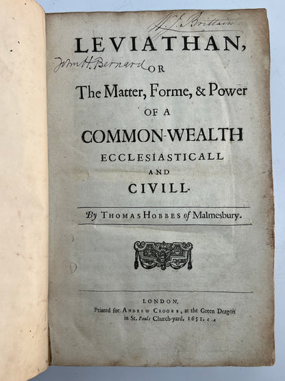 Leviathan by Thomas Hobbes 1651 First Edition First Issue
