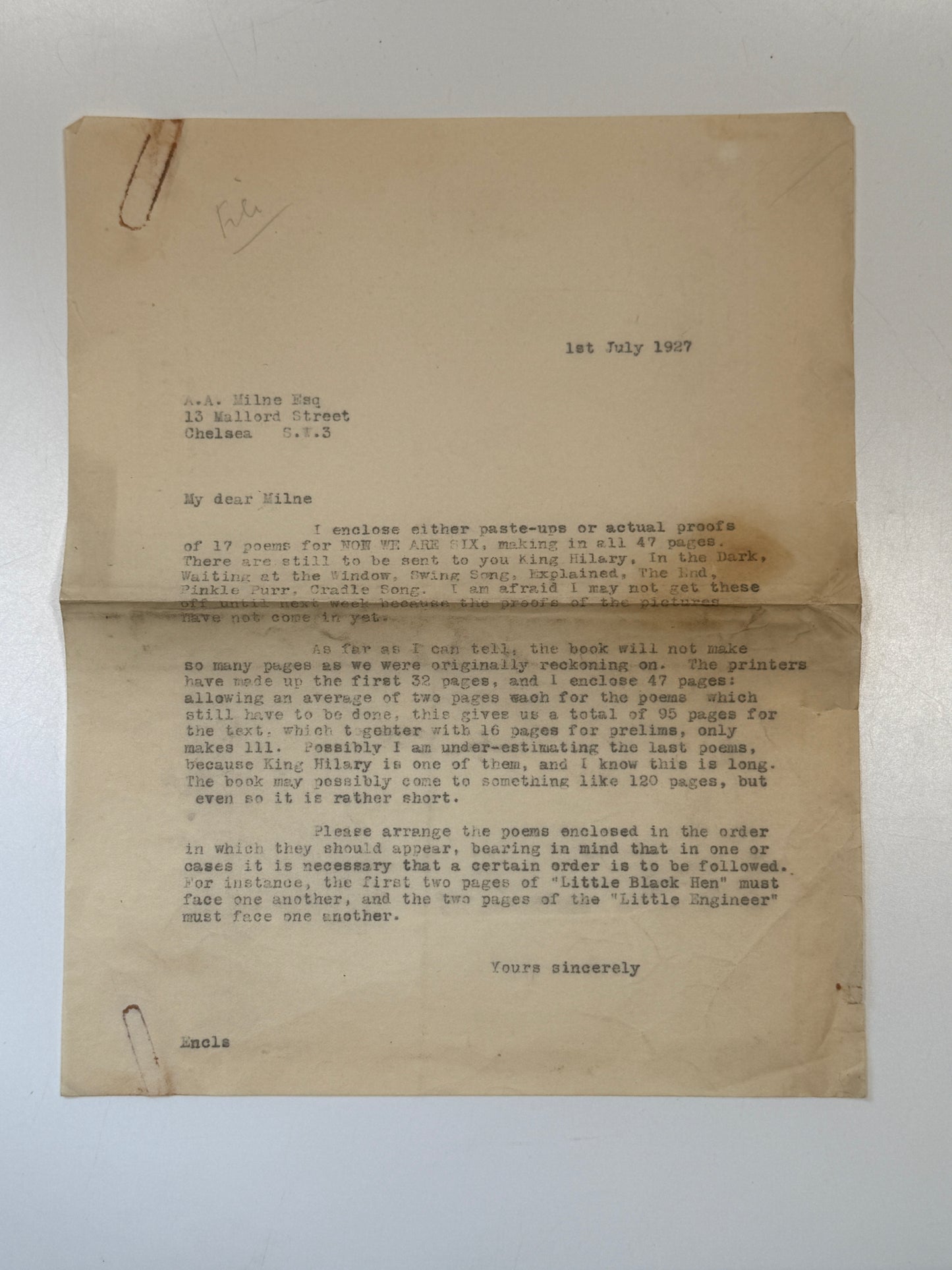 A.A. Milne Winnie the Pooh Manuscript Archive - E.H Shepard, Now We Are Six