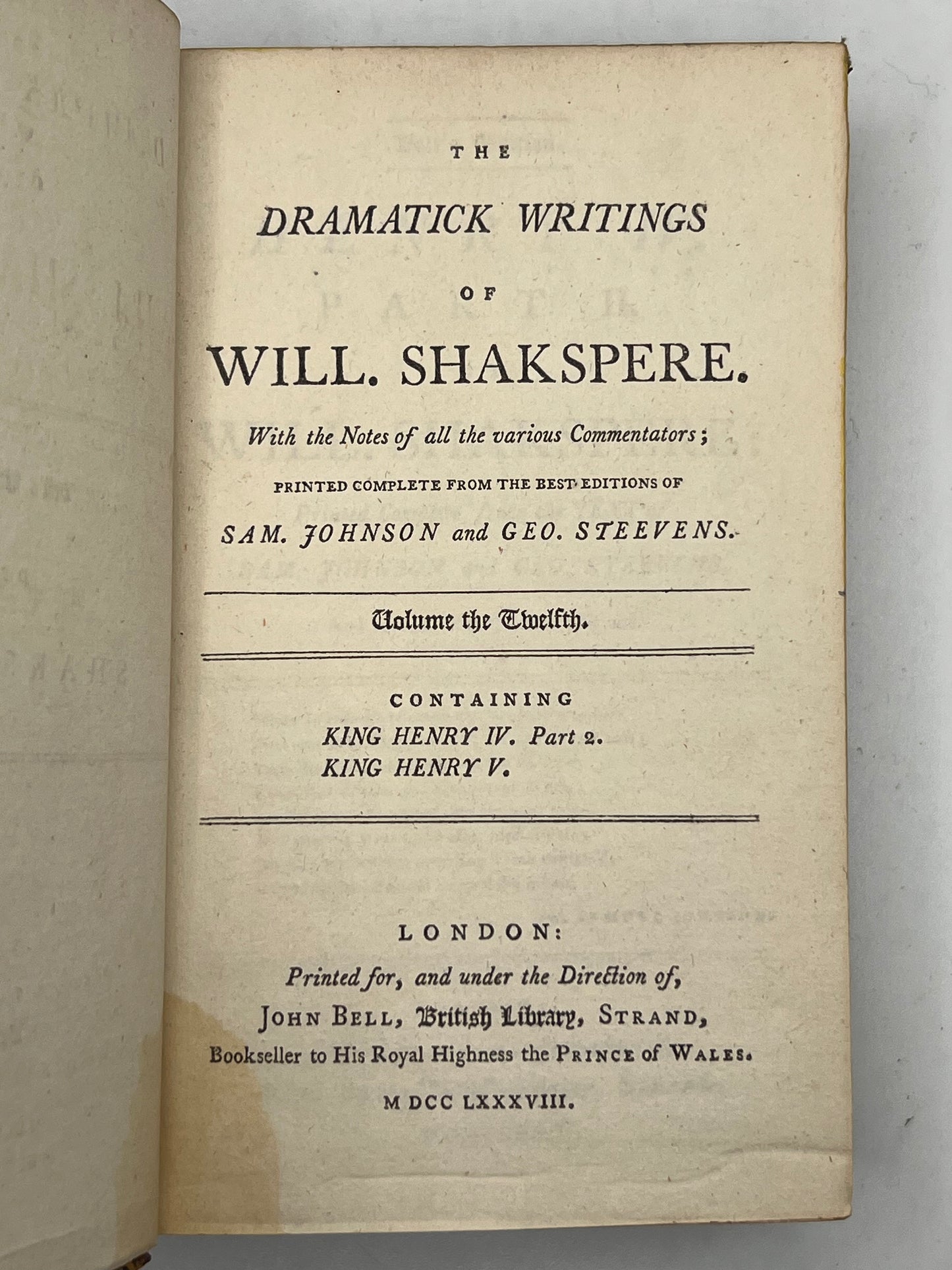 The Works of William Shakespeare 1788 Bell's Edition