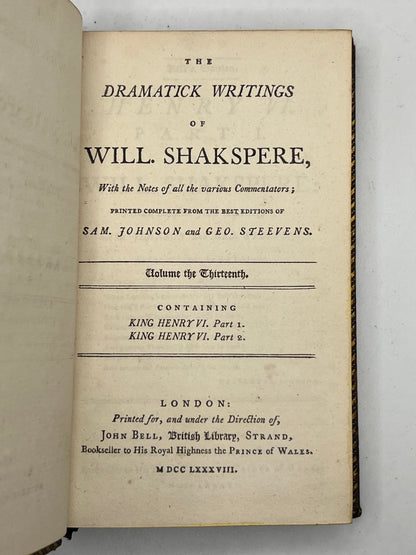 The Works of William Shakespeare 1788 Bell's Edition