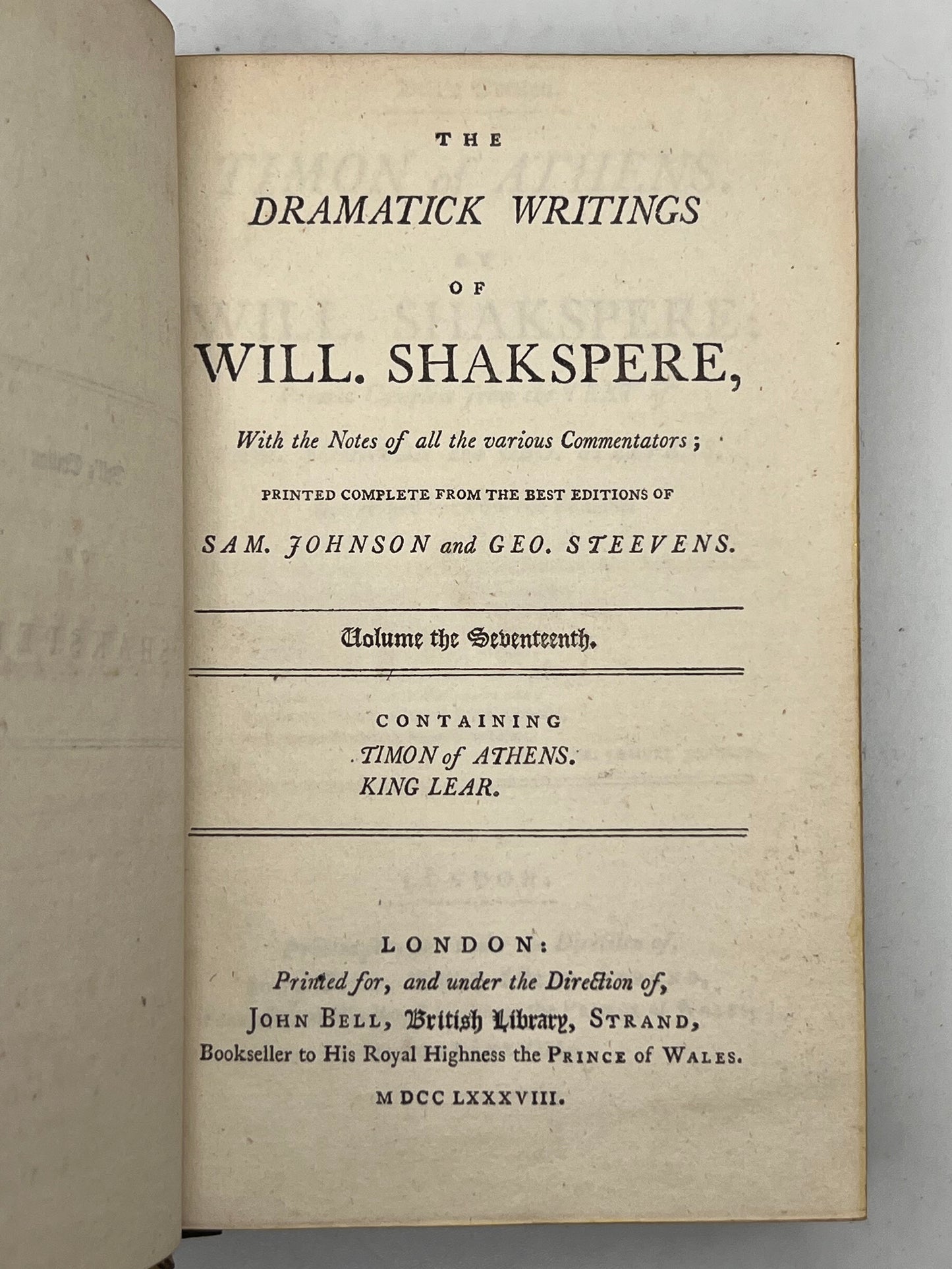 The Works of William Shakespeare 1788 Bell's Edition