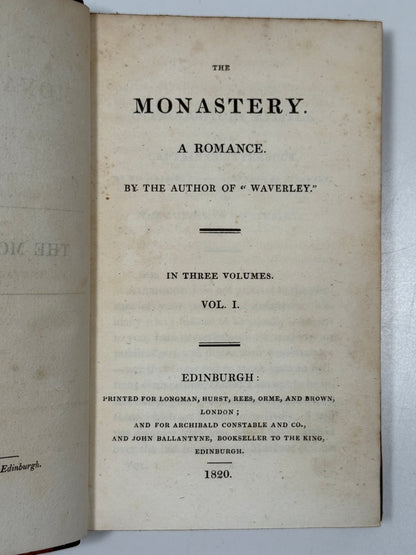 The Monastery, a Romance by Walter Scott 1820 First Edition