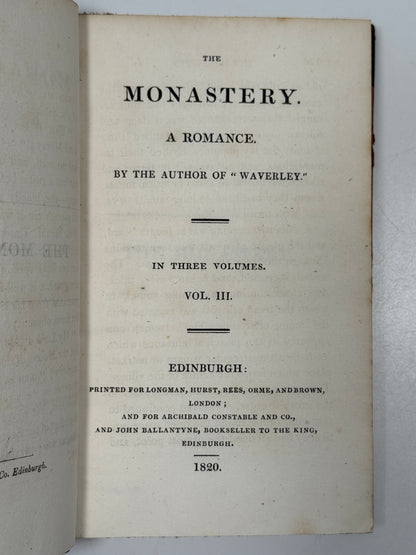 The Monastery, a Romance by Walter Scott 1820 First Edition