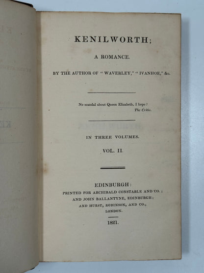 Kenilworth by Walter Scott 1821 First Edition
