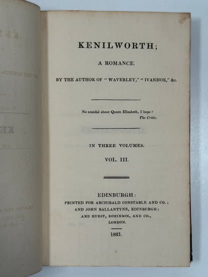 Kenilworth by Walter Scott 1821 First Edition