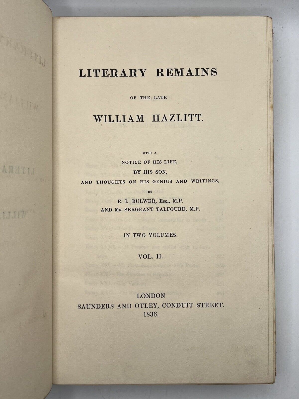 Literary Remains of the Late William Hazlitt 1836 First Edition