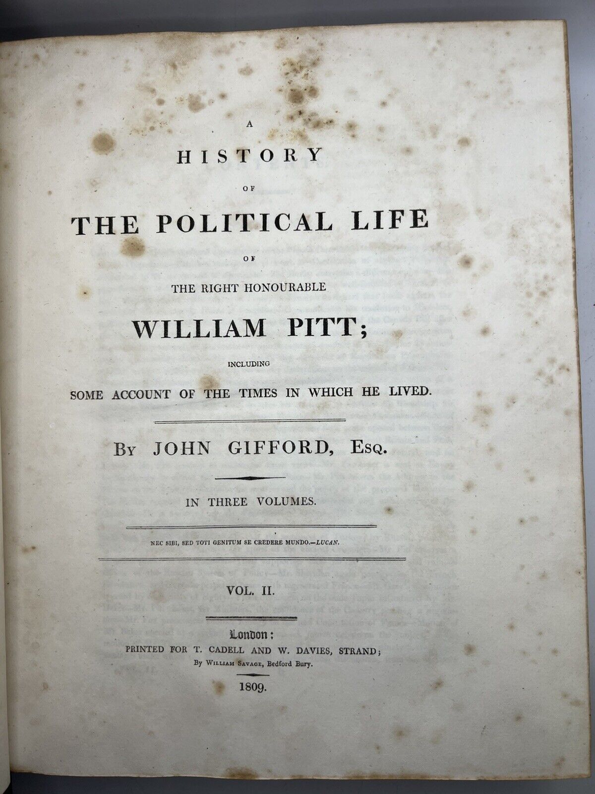 A History of The Political Life of William Pitt by John Gifford 1809