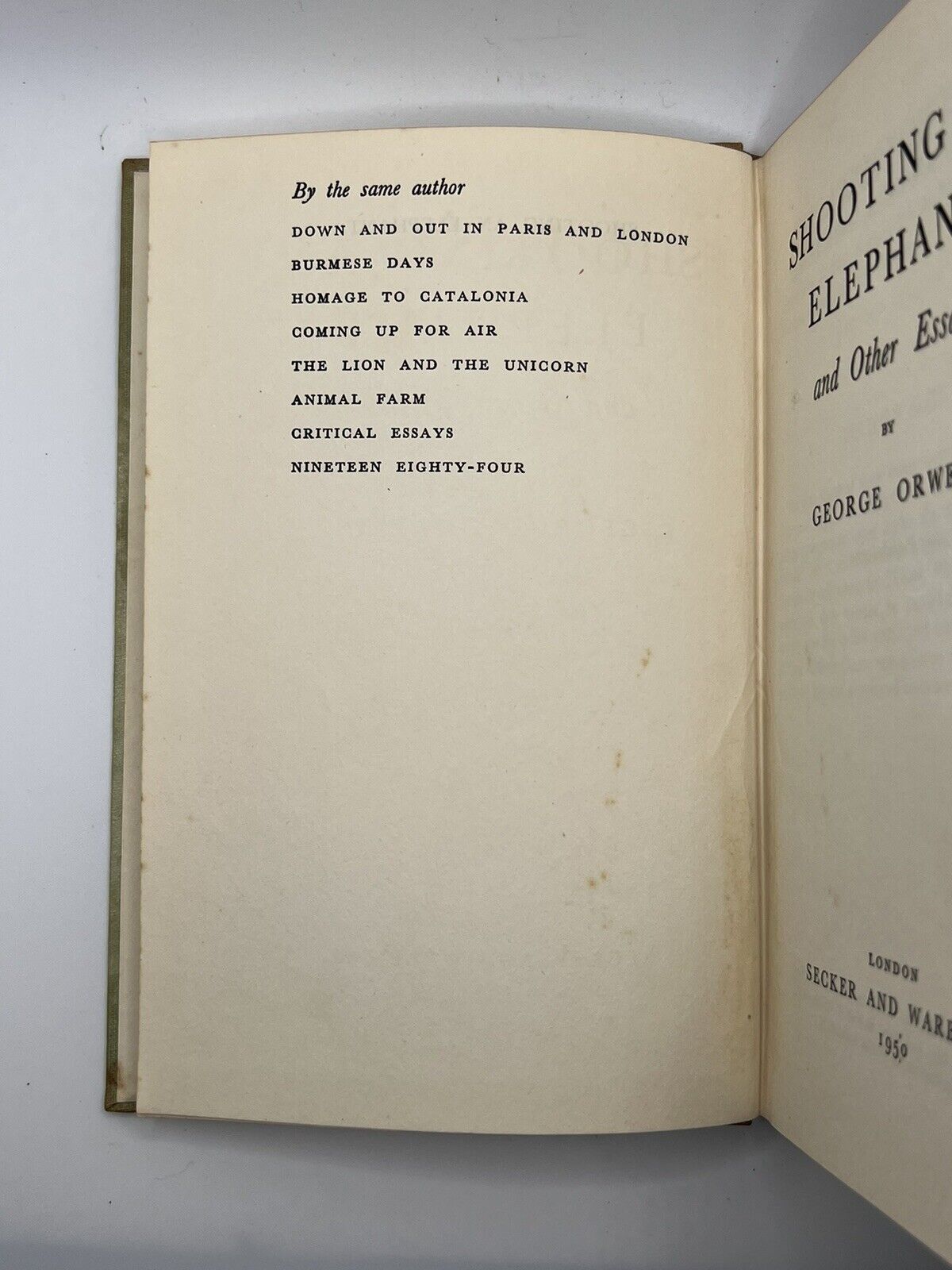 Shooting an Elephant & Essays by George Orwell 1950 First Edition