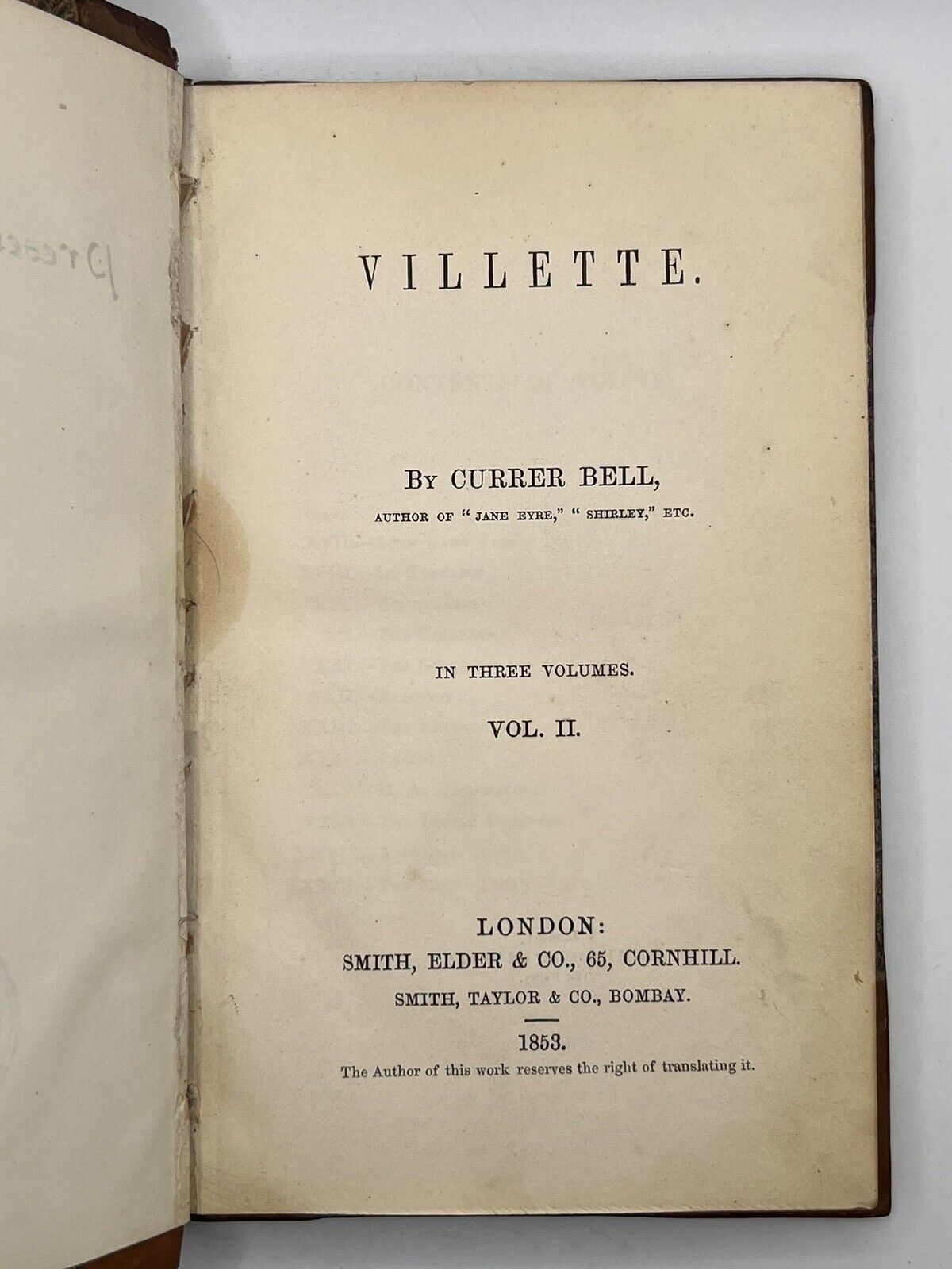 Villette by Charlotte Bronte 1853 First Edition